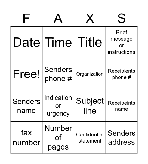 Fax Cover Sheet Bingo Card