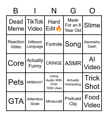 YouTube Shorts Bingo Card