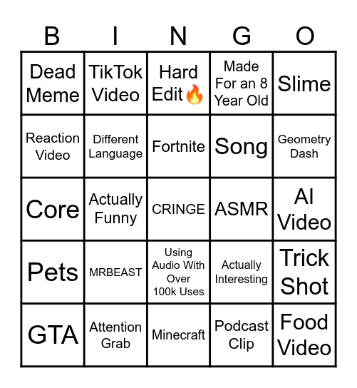 YouTube Shorts Bingo Card