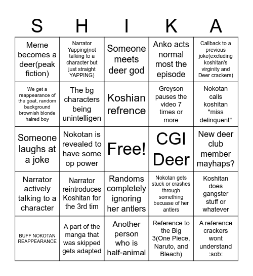 Nokotan EP 4 Chart Bingo Card