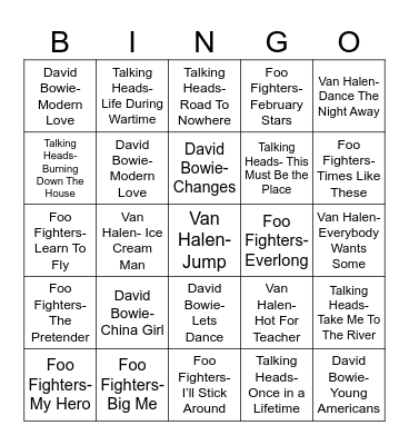 Radio Bingo Battle of the Daves Bingo Card