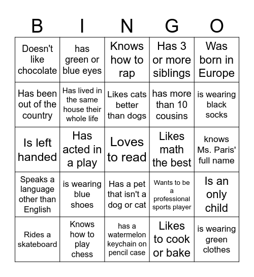 Buddy Bingo - Get to know your friends! Bingo Card