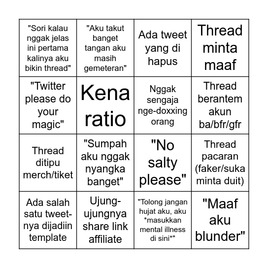 BINGO THREAD ANAK X Bingo Card