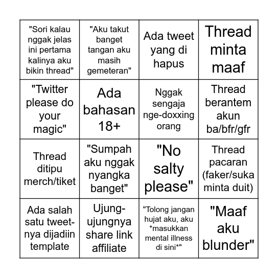 BINGO THREAD ANAK X Bingo Card