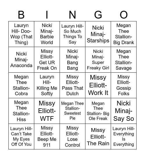 Radio Bingo Queens of Hip Hop Bingo Card