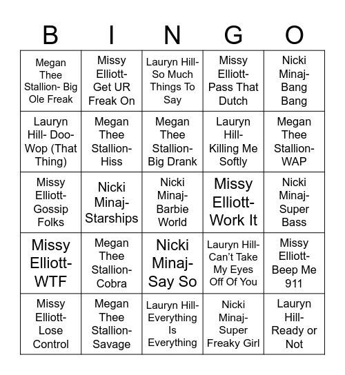 Radio Bingo Queens of Hip Hop Bingo Card