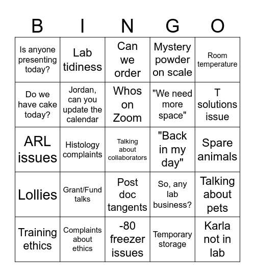 Hutt Lab Meeting Bingo Card