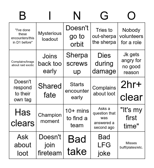 Sherpa Bingo Card