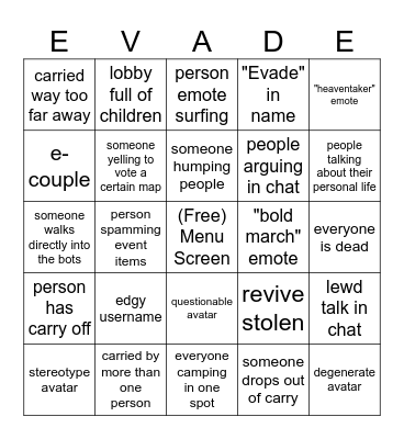 Evade Bingo Card