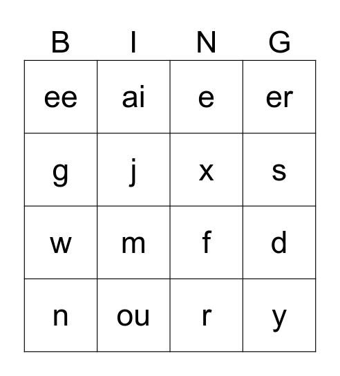 Phonics Bingo Card