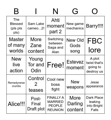 Alan Wake 2: The Lake House predictions Bingo Card