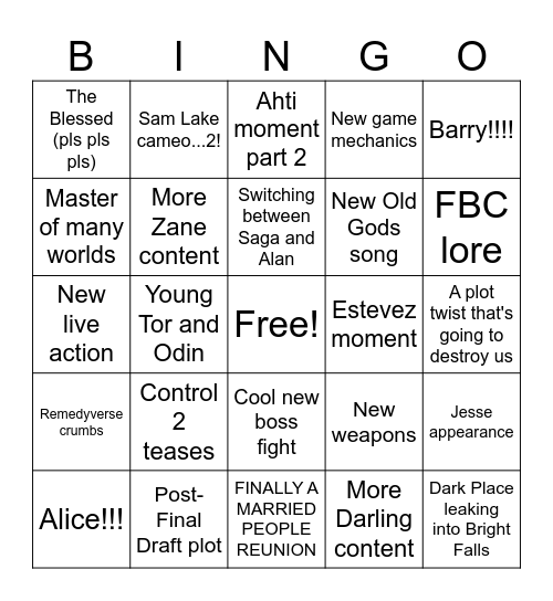 Alan Wake 2: The Lake House predictions Bingo Card