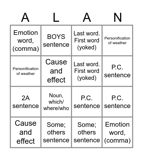 Alan Peat Sentences Bingo Card