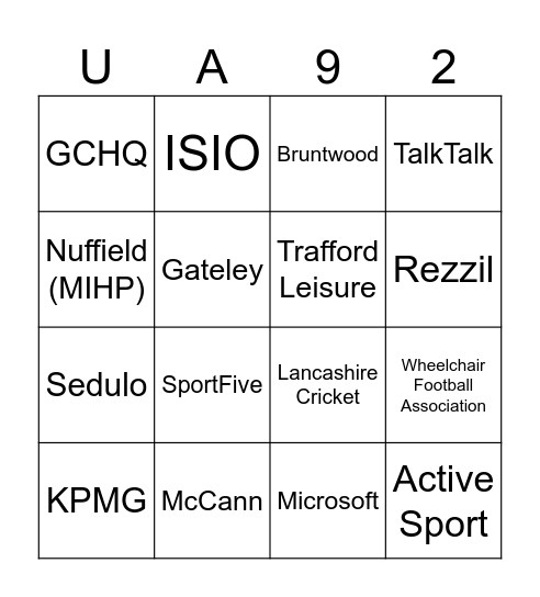 UA92 Partner Bingo Card