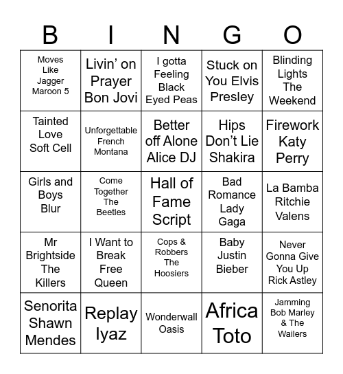 Rock and Roll Bingo Card