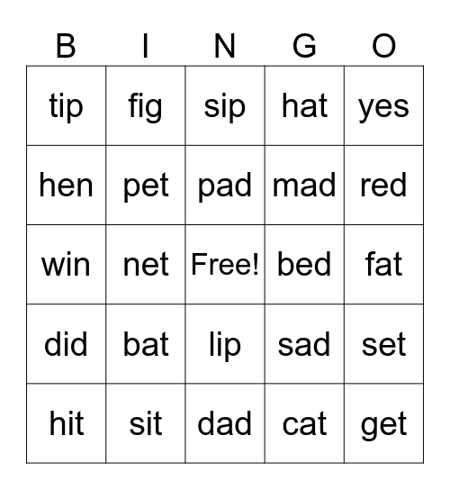 short vowel a,e,i (2) Bingo Card