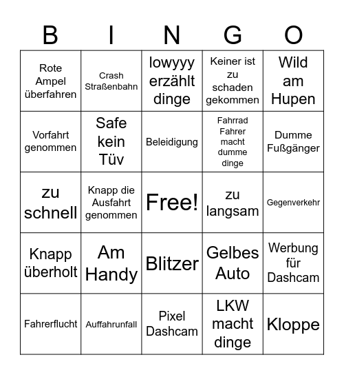 Dashcam Bingo Card