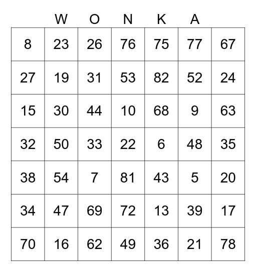 Number Bingo 1-90 Bingo Card