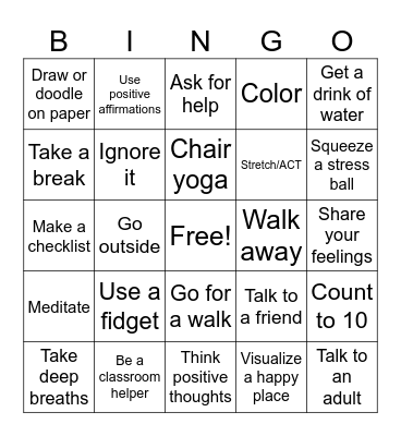 Coping Skills Bingo Card