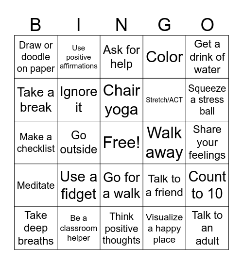 Coping Skills Bingo Card