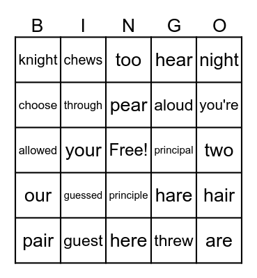 Week 12 Word Work Bingo Card