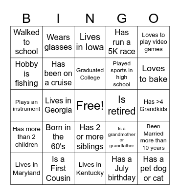 Family Reunion Mingle Bingo Card