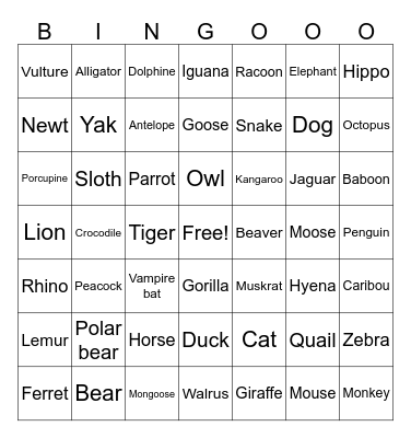 Animals Bingo Card