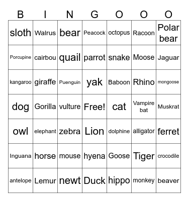 Animals Bingo Card