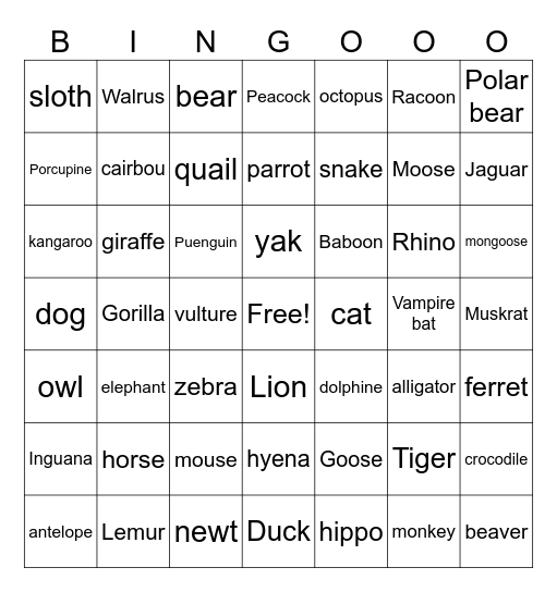 Animals Bingo Card