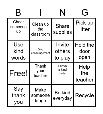 Random Acts of Kindness Bingo Card