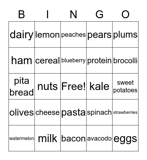 nutrition bingo  Bingo Card