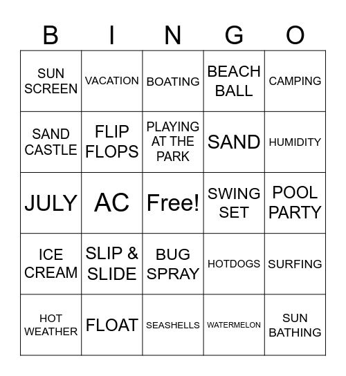 Summer Fun Bingo Card