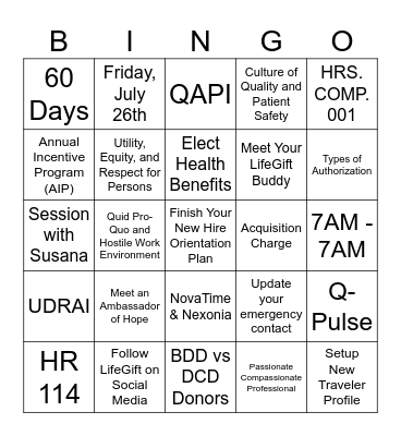 July Orientation Bingo Card