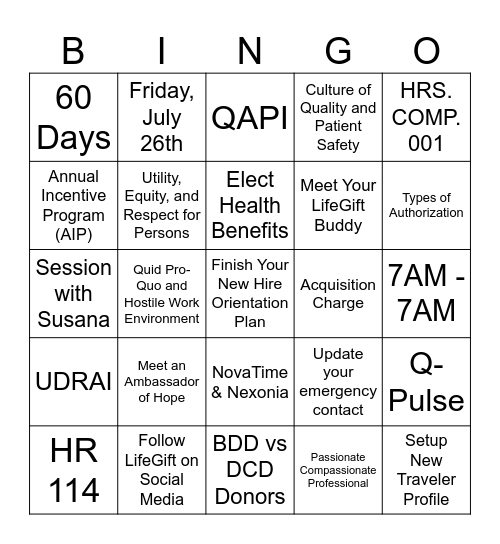 July Orientation Bingo Card