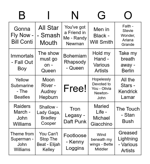 Movie Hits Bingo Card