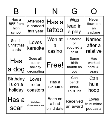 Get to know me bingo Card