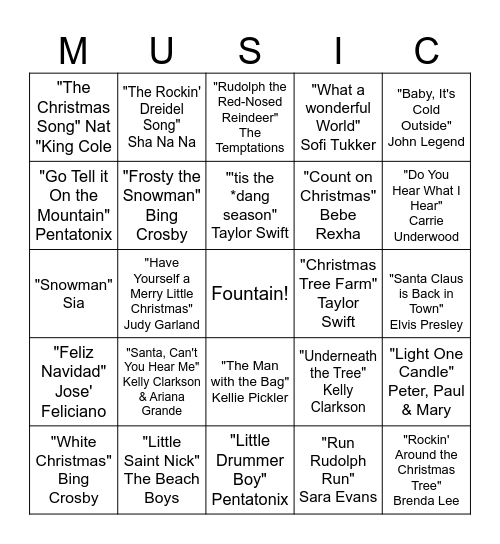 Holidays in July Fountain Music Bingo Card