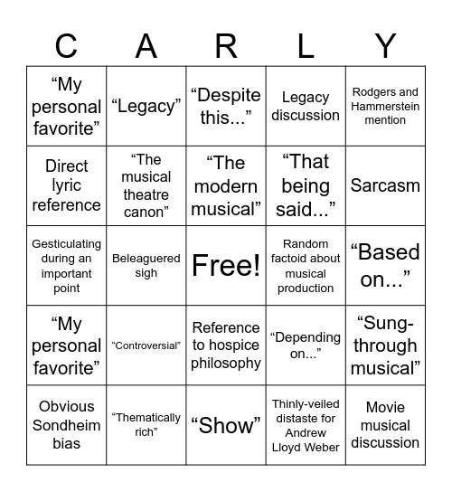 Musical Theatre, Music Therapy, and You Bingo Card