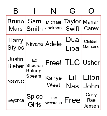 Musical Artist Bingo Card