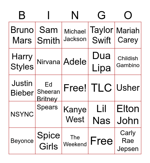 Musical Artist Bingo Card