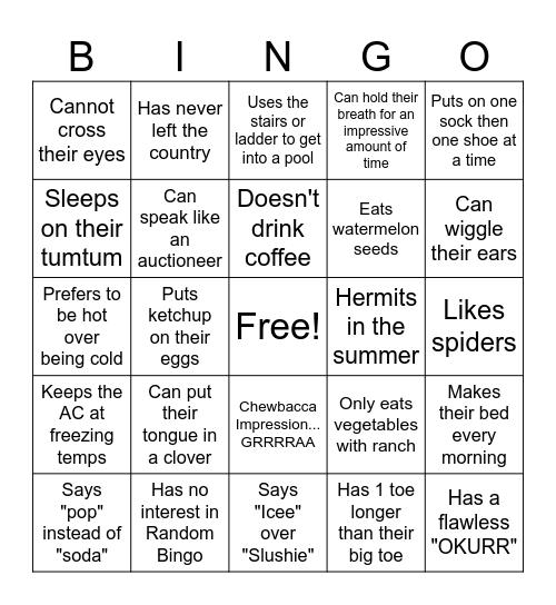 Random Bingo! Find someone who... Bingo Card