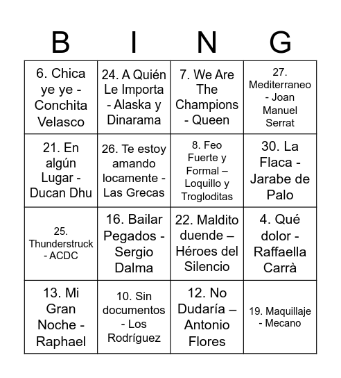 BINGO MUSICAL  Baranda 2024 Bingo Card