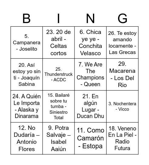 Baranda 2024          BINGO MUSICAL Bingo Card