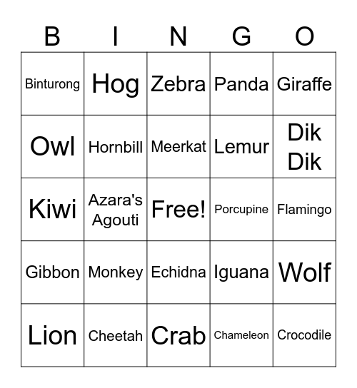 Zoo Bingo Card