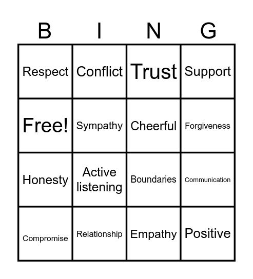 Healthy Relationships Bingo Card