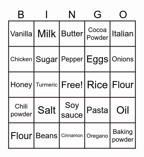 Ingredients Bingo Card