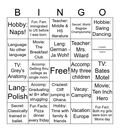 Daytime Team Bingo Card