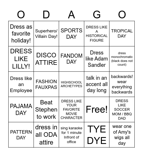 ODA SPIRIT WEEK Bingo Card