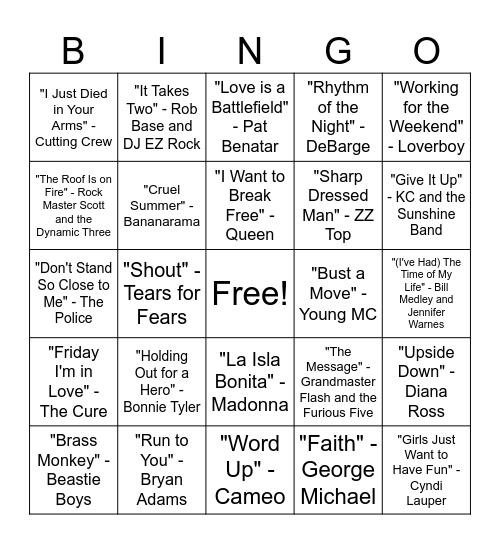 80s Music Bingo Round #4 Bingo Card