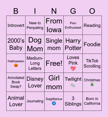 Penpal Bingo Card